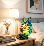 lampe table tiffany papillon floral verte bleue opacité vitrail artisanal chambre