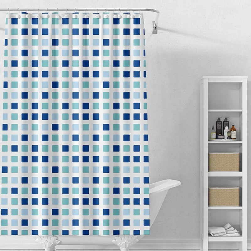 rideau douche moderne bleu blanc carrés différents nuances ourlet standard peva 180cm 200cm 240cm