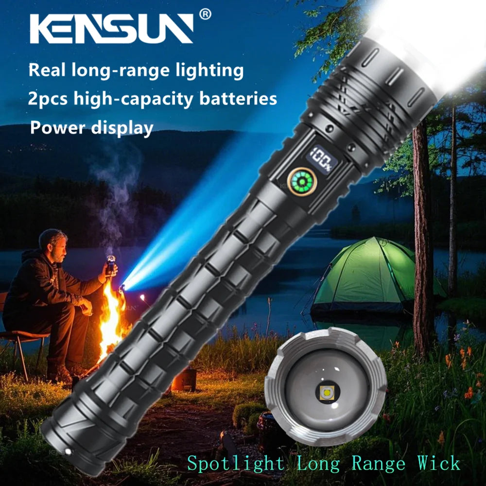 projecteur led rechargeable longue portée lumiere intense tactique hightech mode variateur résistant chocs