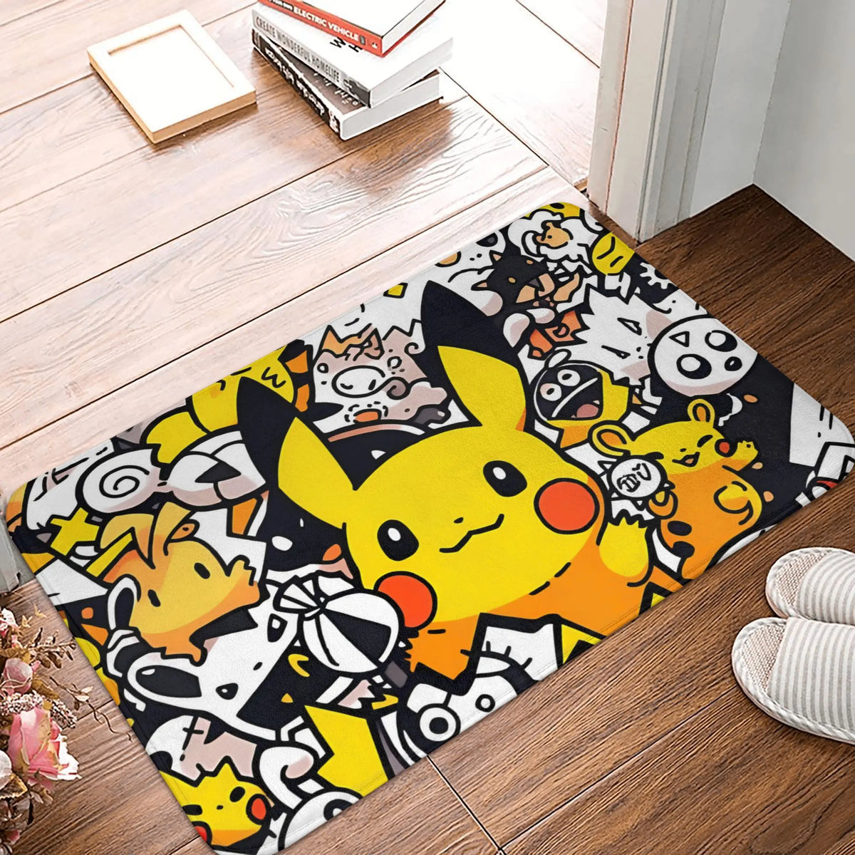 tapis d'entrée pikachu welcome flanelle jaune noir blanc moderne cartoon adhésif