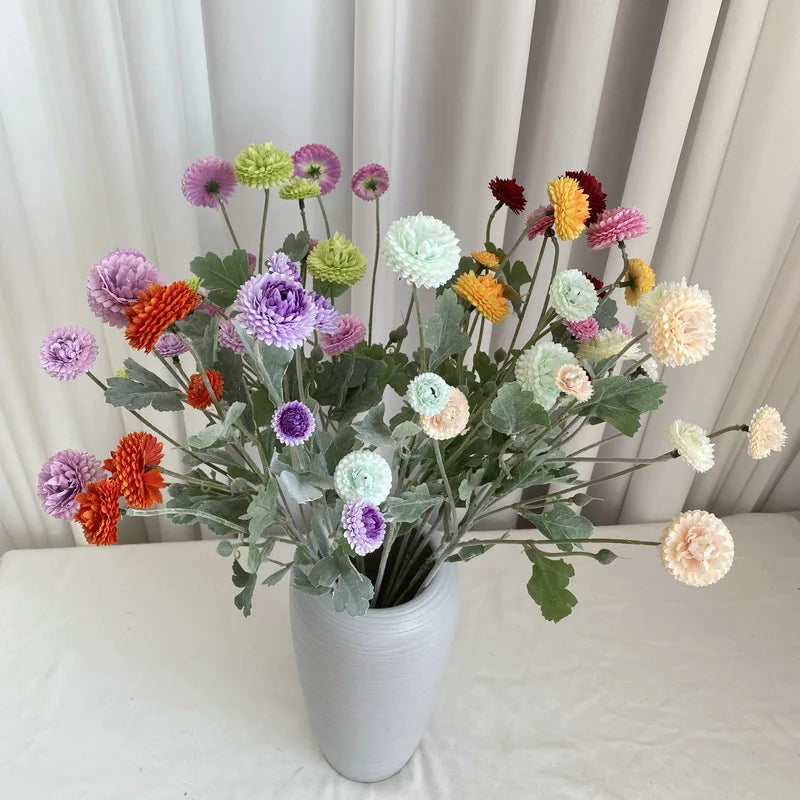 décoration intérieure bouquet artificiel fleurs chrysanthèmes feuilles vertes moderne or rose violet