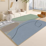 Tapis coloré et moderne avec des formes géométriques dans un salon lumineux avec vue sur la ville.