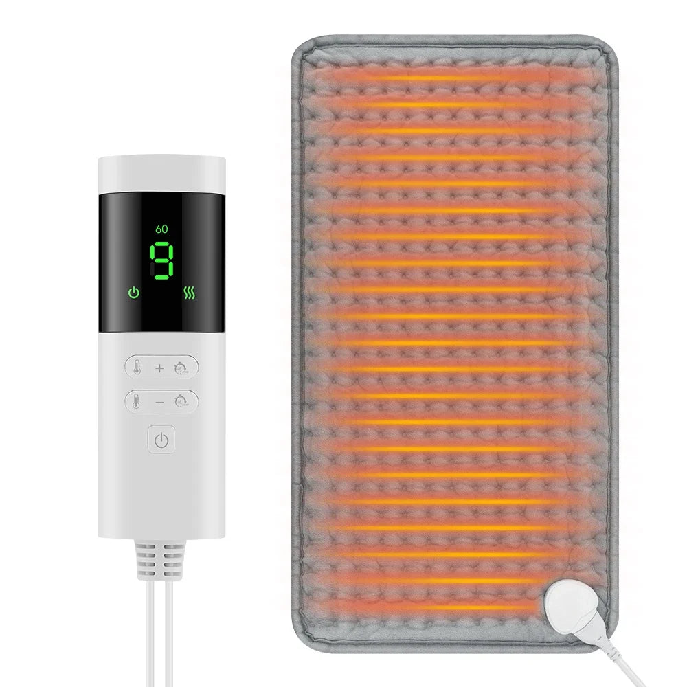 tapis chauffant électrique moderne niveaux température modes timer tissu gris texturé éléments chauffants orange