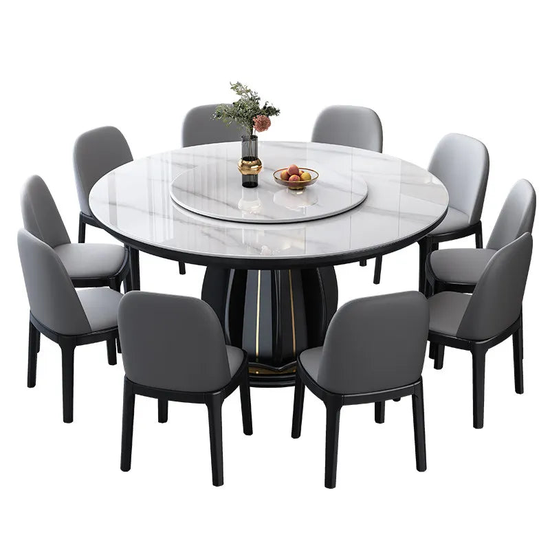table ronde bois marbre moderne gris noir blanc chaises assises plateau central pieds