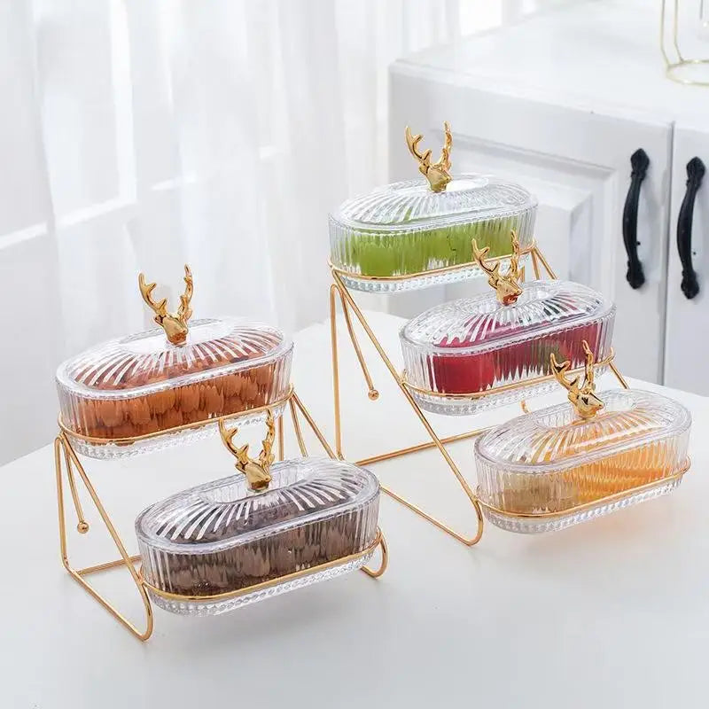 assiettes fruits divisées transparentes rayures horizontales moderne élégant couvercle support métallique doré