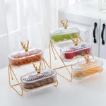 assiettes fruits divisées transparentes rayures horizontales moderne élégant couvercle support métallique doré
