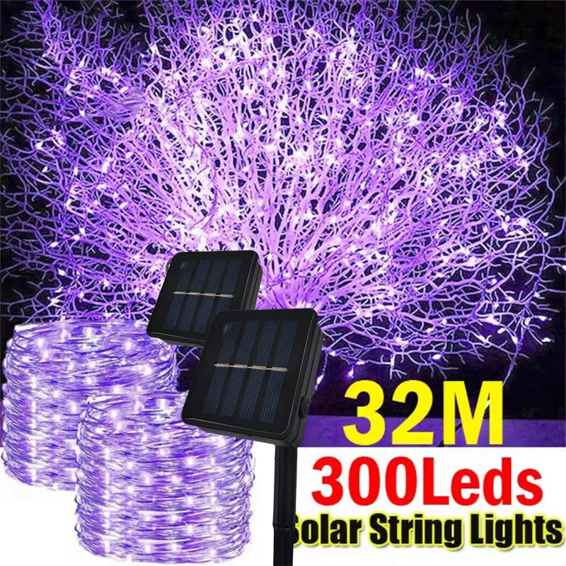 guirlande lumineuse solaire violet fil cuivre extérieur jardin décoration fête 300 led 32m étanche