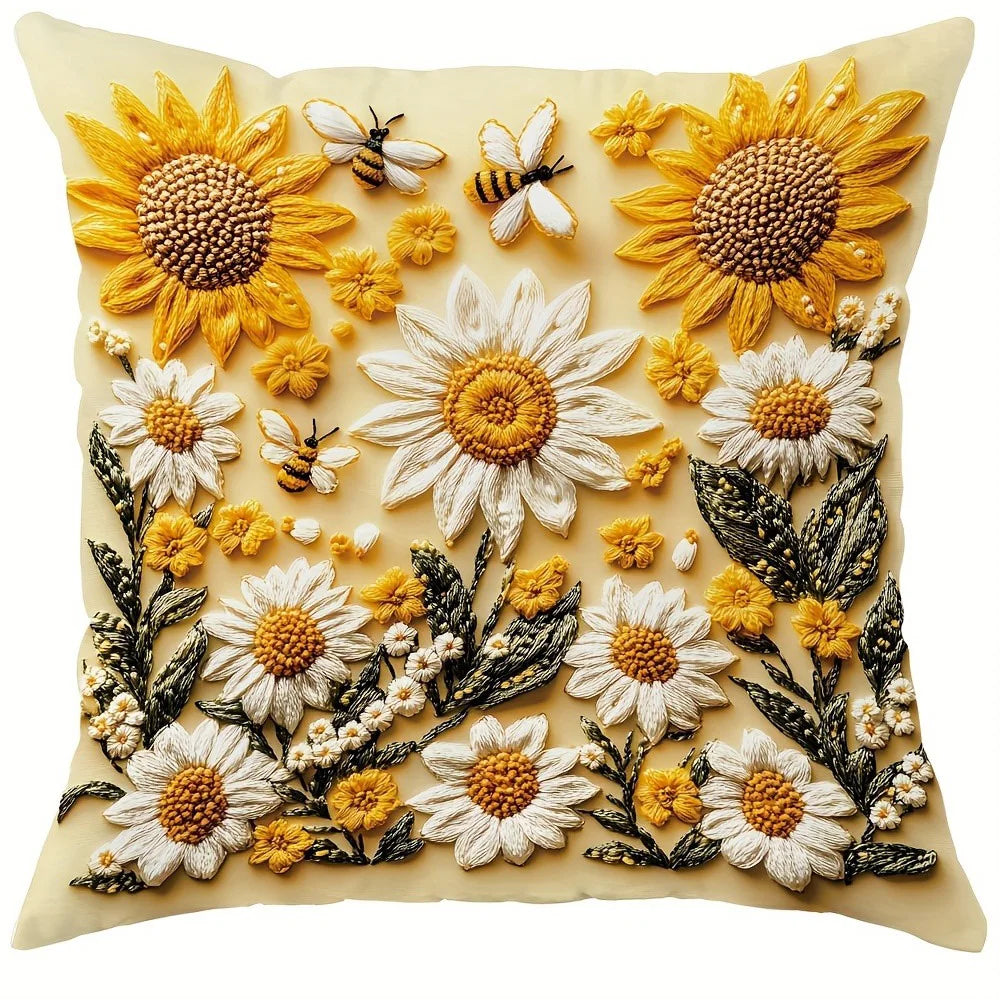 taies d'oreiller décoratives imprimées fleurs tournesols marguerites papillons polyester peachskin 40x40cm 45x45cm 50x50cm 60x60cm