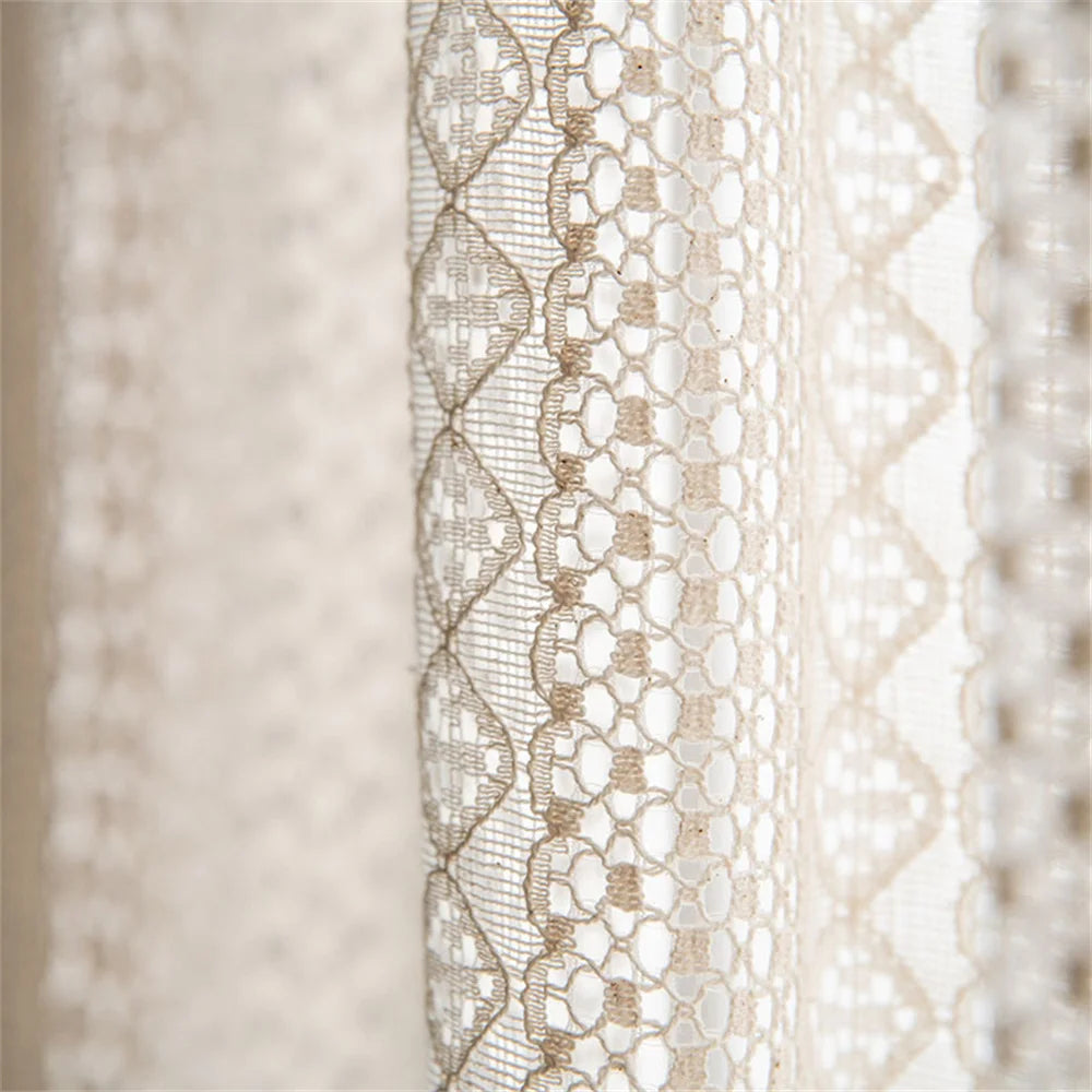 rideau dentelle fine blanc motif géométrique translucide classique romantique tassellets chambre salon