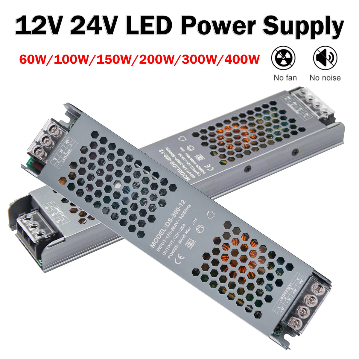 alimentation led 12v 24v 60w 100w 150w 200w 300w 400w transformateur silencieux gris perforé