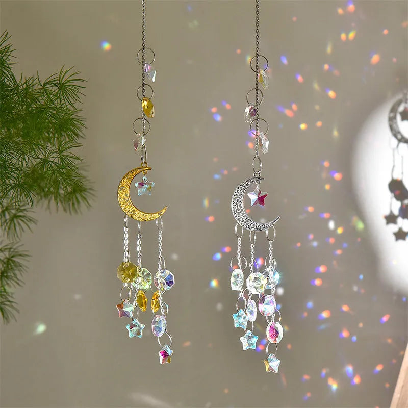 mobile mural boho lune étoiles cristaux argent doré romantique chambre salon decoration extérieure jardin