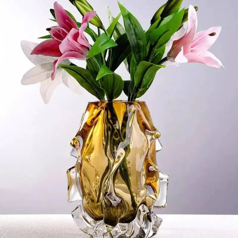 vase verre jaune ambré transparent moderne sculptural fleurs coupées lisintérieur chambre salon