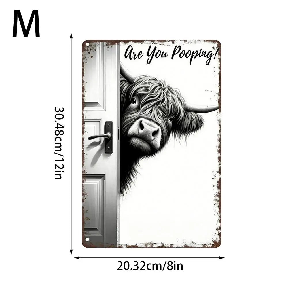 panneau decoratif metal vache highland rustique humoristique fond gris entrouverture toilettess