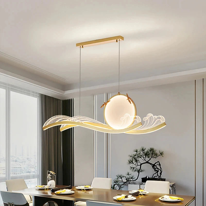suspension lumineuse moderne vague motif floral acrylique led dimmable noir doré blanc