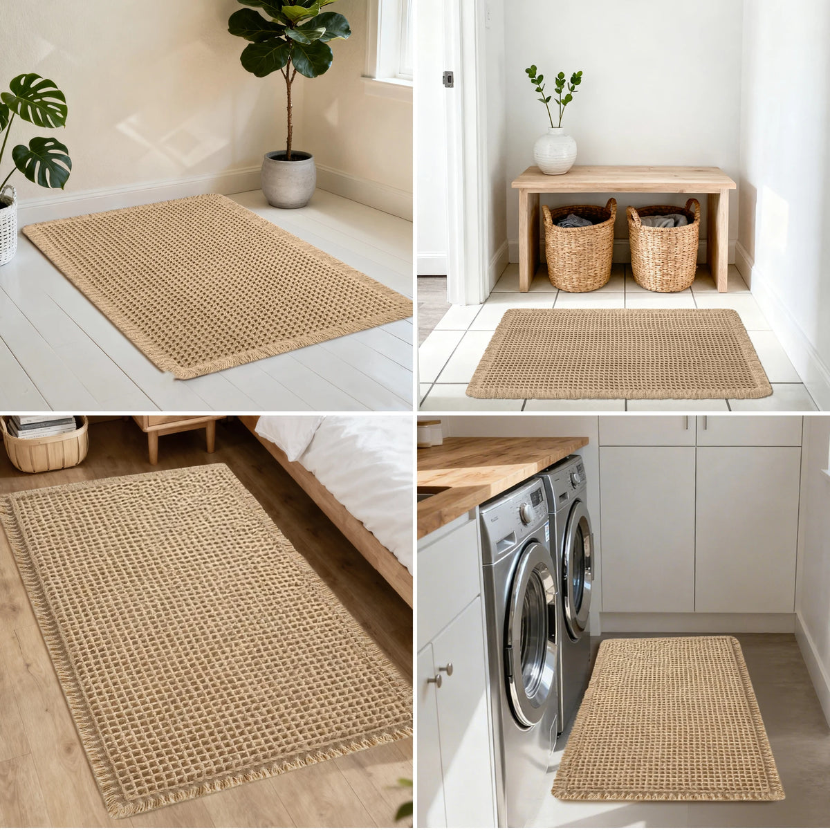 tapis bain microfibre absorbant antidérapant moderne beige clair maille géométrique bordure frisée sèche rapidement