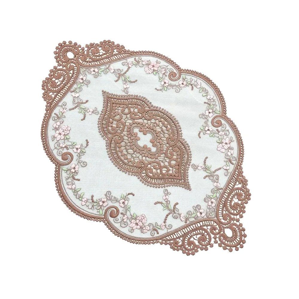 tapis dentelle floral rouge gris beige classique élégant translucide 44x31cm