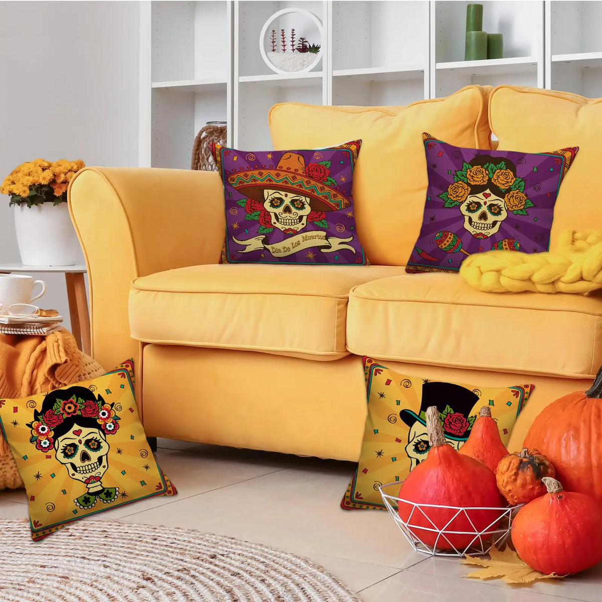 ensemble quatre taies d'oreiller décoratives crâne mexicain fleurs violet jaune folklorique maison