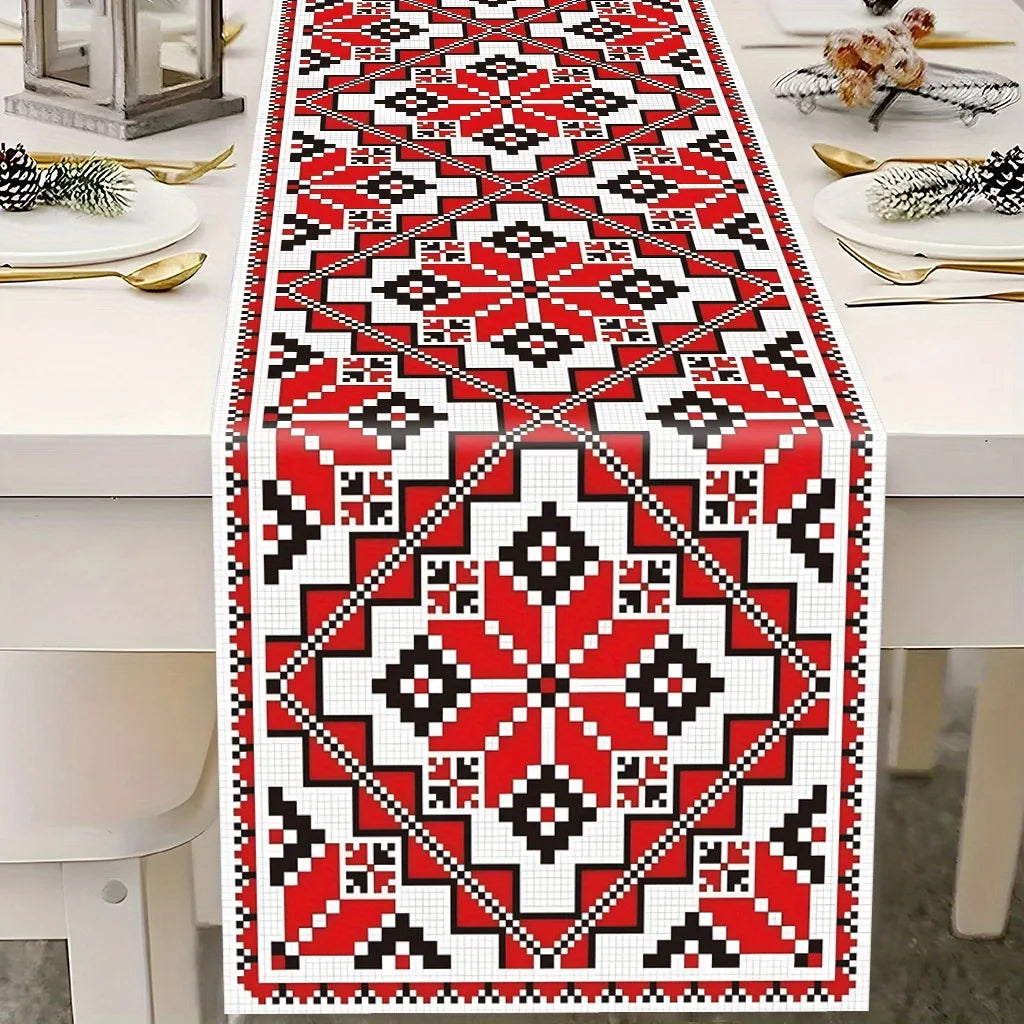nappe décorative géométrique rouge blanc noire motifs traditionnels folkloriques polyester grande table cuisine festivités