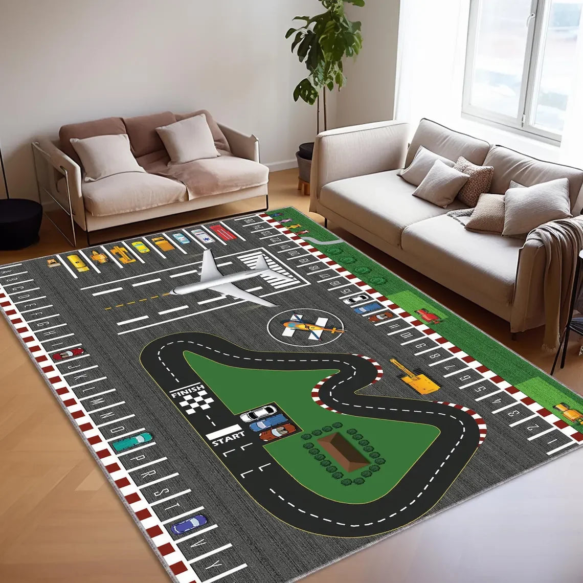 tapis jeu enfants route avions voitures arbres maisons panneaux moderne gris vert blanc rouge