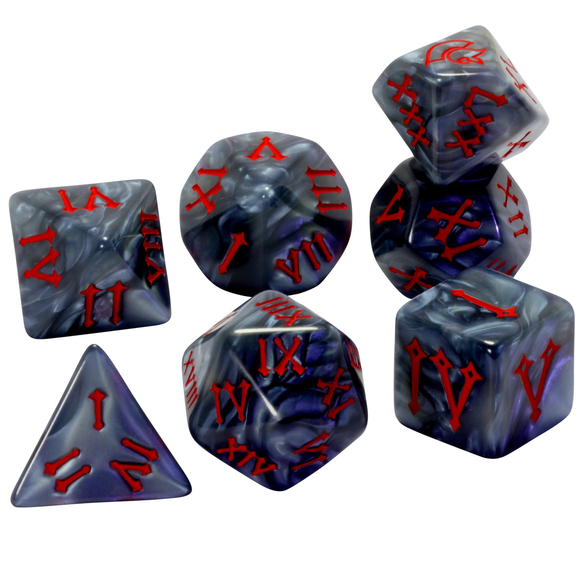 dés multiface couleurs violet vert blanc gris rouge semi opaques runes anciennes icosaèdre dodécaèdre