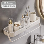 étagères rangement murales adhésives blanches modernes salle bain produits cosmétiques bouteilles lessive serviettes