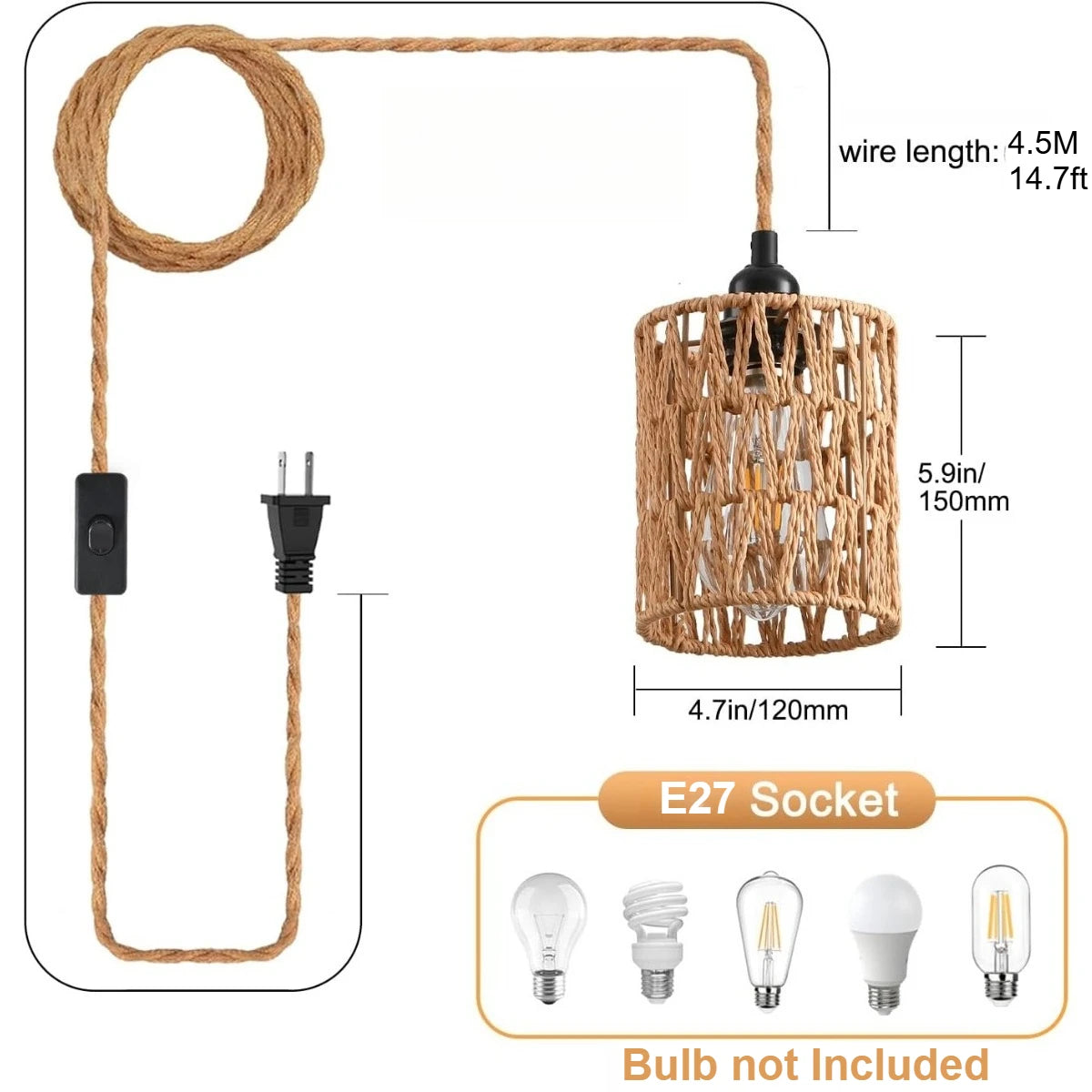 lampe suspendue tressée rustique interrupteur câble 45mètres éclairage 510m² boho chic chambre cuisine