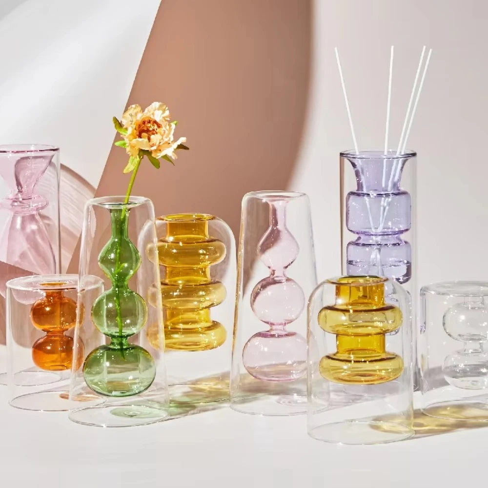 vases décoratifs modernes verre transparent couleur rose violet vert jaune bleu formes organiques arrondies