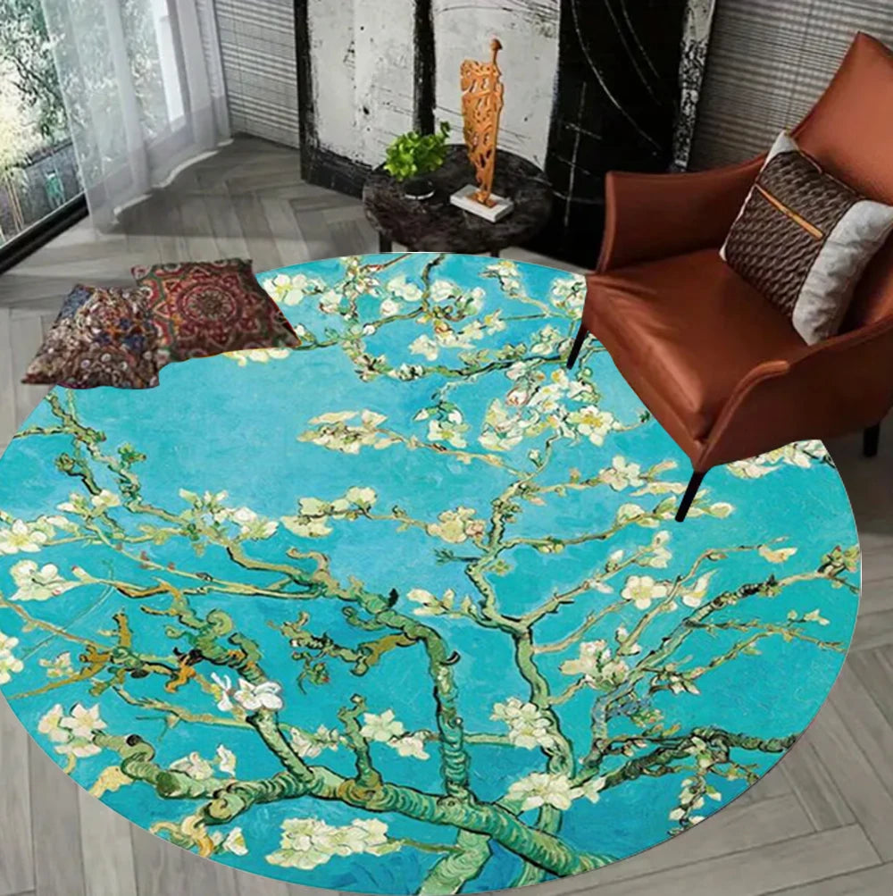 tapis rond moderne fleurs blanches géométrique bleu jaune noir salon chambre