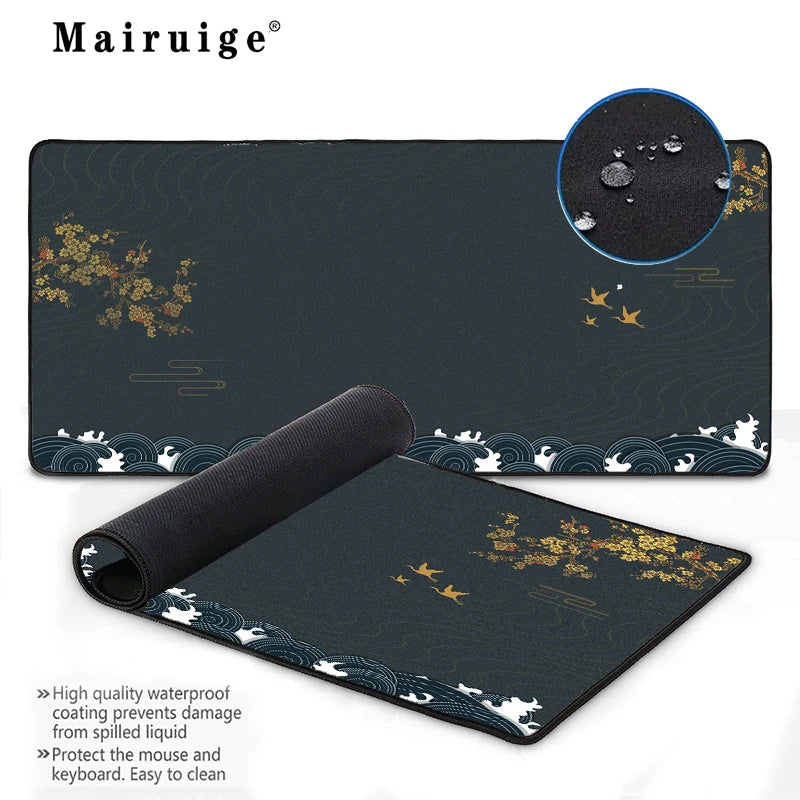 tapis souris noir or blanc japonais motifs fleurs oiseaux texture fine 60cmx30cm 70cmx40cm