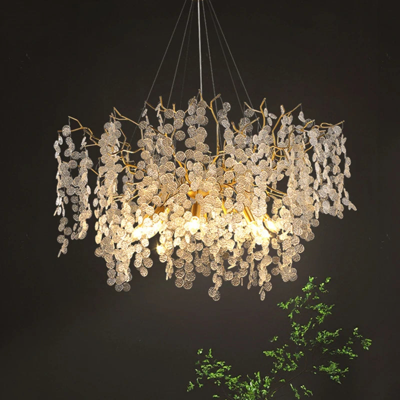 Suspension lumineuse moderne dorée transparentes branches salon chambre