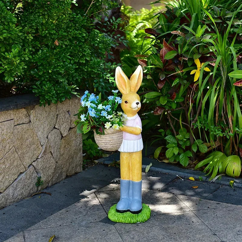 pot fleur lapin statuette panier fleuri décoration jardin enfantin orangé vert bleu