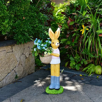 pot fleur lapin statuette panier fleuri décoration jardin enfantin orangé vert bleu