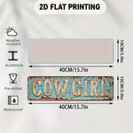 décoration murale vintage plaque cowgirl aluminium lettres relief bleu clair brun rouillé