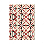 Motif géométrique répété en rouge et noir, créant un design élégant et ornemental sur un fond blanc.