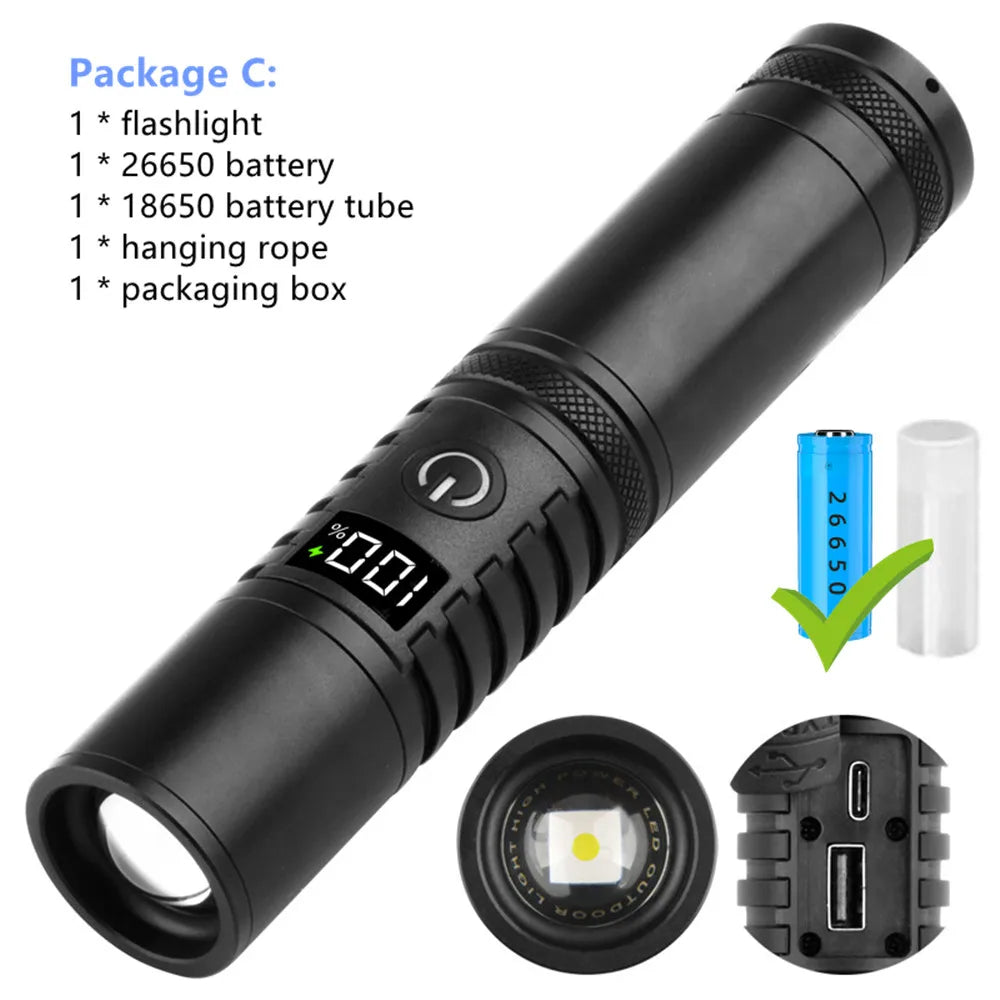 projecteur poche led rechargeable aluminium noir résistant chocs self défense zoomable