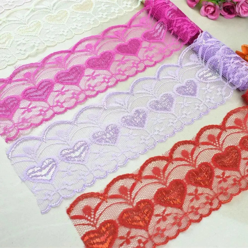 ruban dentelle polyester largeur 75mm couleurs rouge rose vert bleu motifs floraux classique