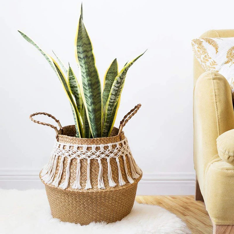 panier tressé macramé naturel blanc boho rangement stockage respectueux environnement franges poignées corde