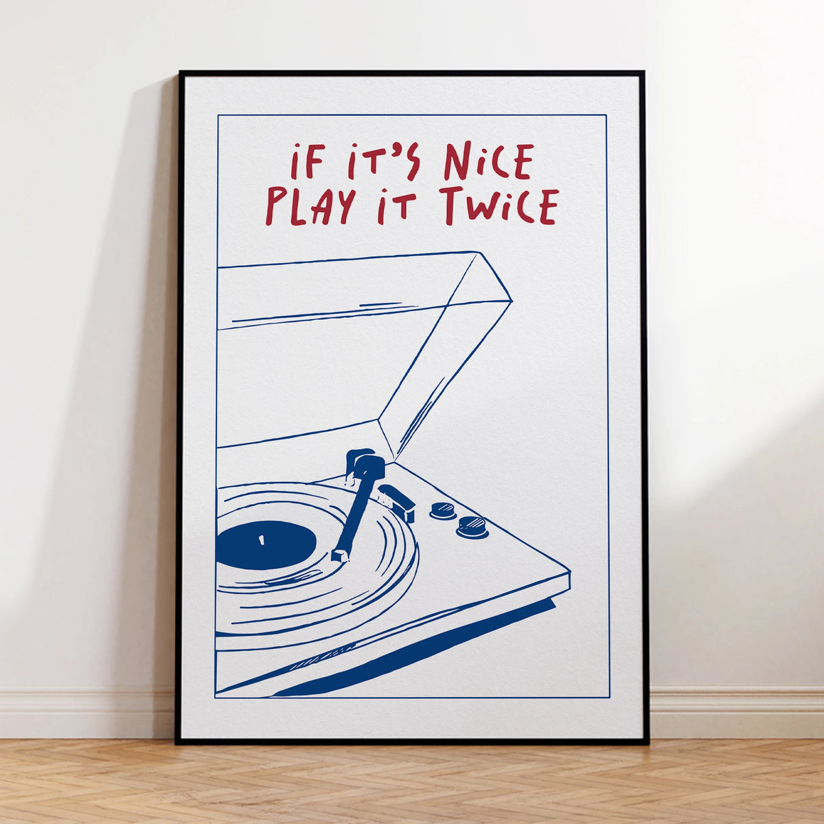 affiche murale graphique tourne disque blanc bleu rouge minimaliste décoration salon chambre enfant illustration