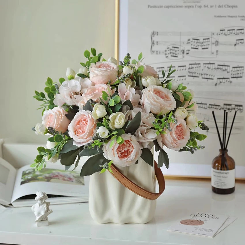 bouquets fleurs artificielles pivoine roses hortensias vases décor maison anniversaire mariage