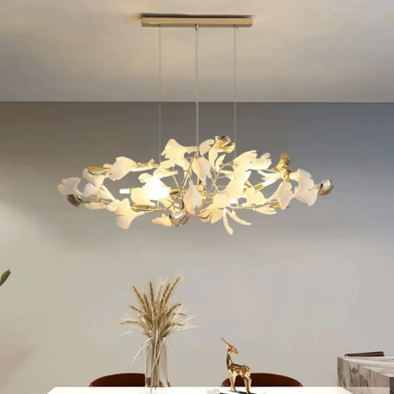 suspension lumineuse feuilles stylisées blanc doré contemporain opacité eyelets chambre salon