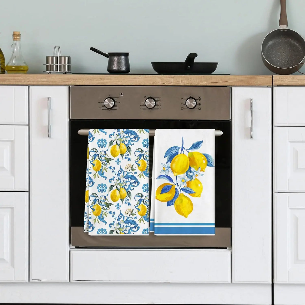 serviettes cuisine rectangulaires blanc jaune bleu citrons fleurs bordure bleue rustique 60x40cm adaptable table