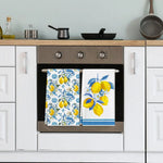 serviettes cuisine rectangulaires blanc jaune bleu citrons fleurs bordure bleue rustique 60x40cm adaptable table