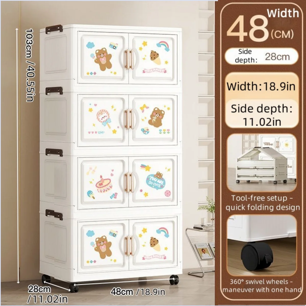 organisateur vêtements armoire tiroirs dessins animés ours lapins moderne blanc roulettes pliable chambre salon