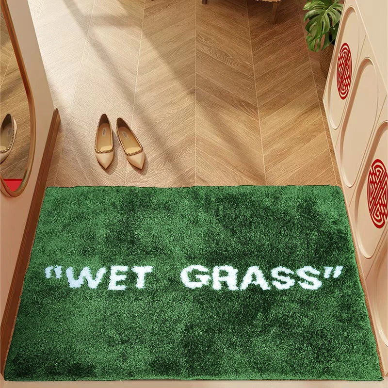 tapis vert imitation herbe lettre blanche antidérapant polyester moderne salon chambre
