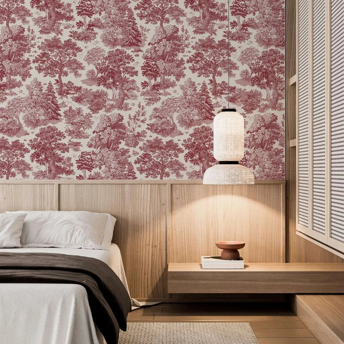 papier peint toile rouge paysage forêt classique vintage adhésif résistant isolation thermique chambre salon