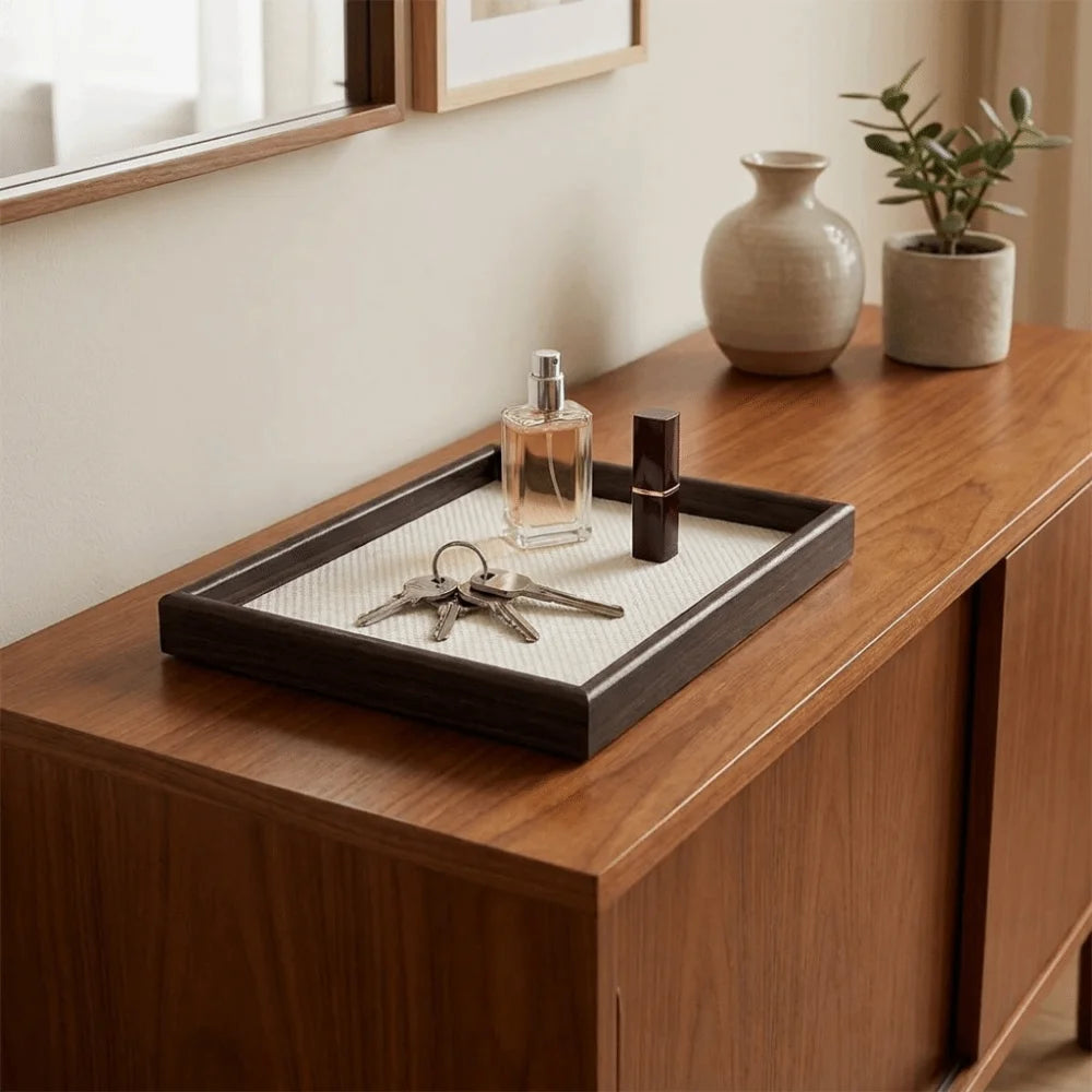 plateau rangement bois moderne marron foncé beige clair cosmétiques bijoux organisation