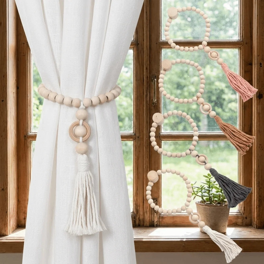 attaches rideau bois pompon bohème rustique naturel anneaux beige rose blanc