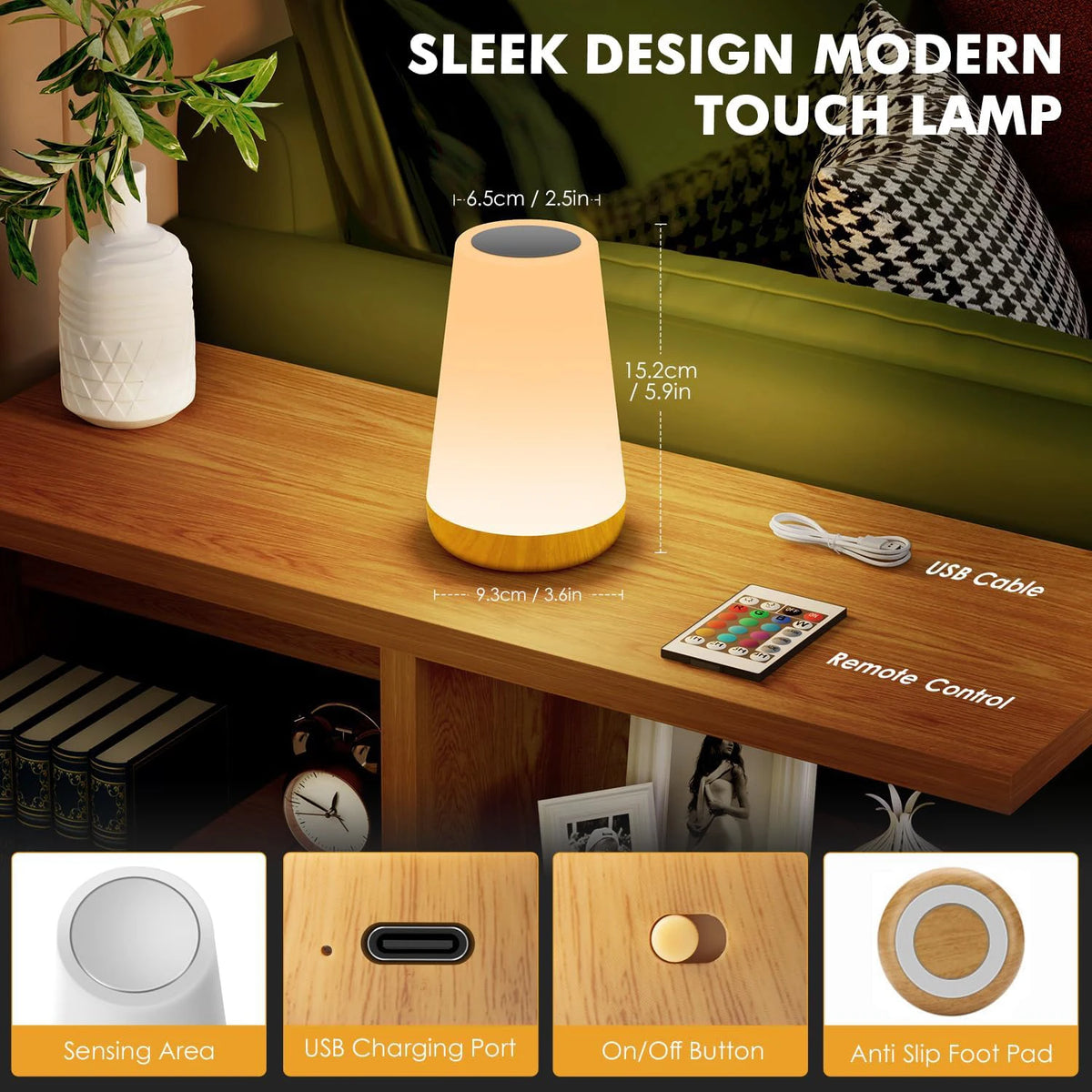 veilleuse led changeante couleur tactile rechargeable usb table portable rectangle blanc bois