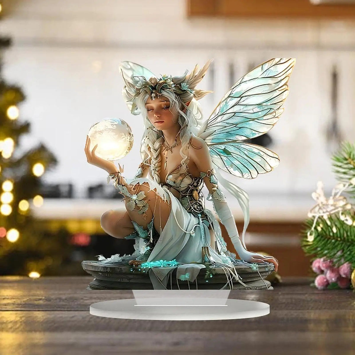 statue elfe féerique décoration table transparente ailes lumineuses motifs végétaux base blanche chambre