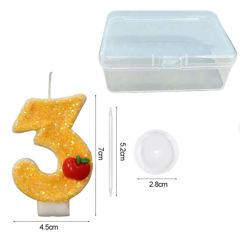bougies numeriques jaune paillette pomme rouge anniversaire decoratif thème feuille verte paillettes dorées tringle